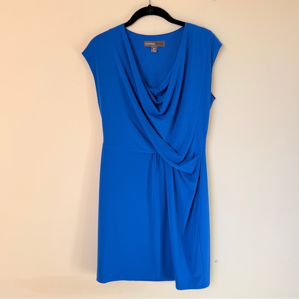 Donna Ricco Jersey Ruched Cowl Neck Blue Dress Sleeveless Faux Wrap Size 10P